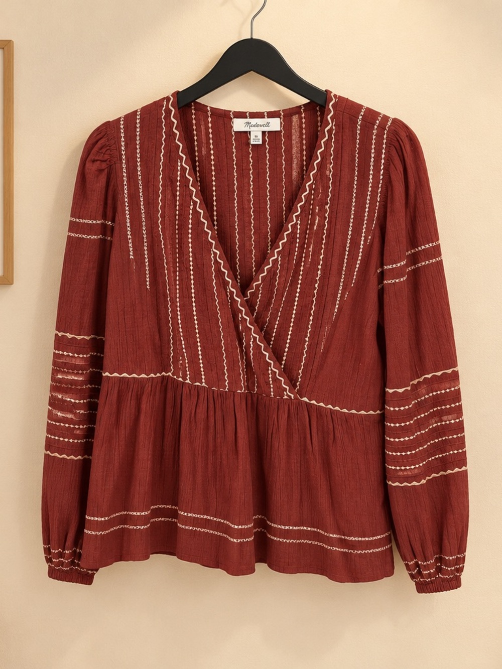 Madewell Burnt Orange Embroidered Wrap Peplum Blouse